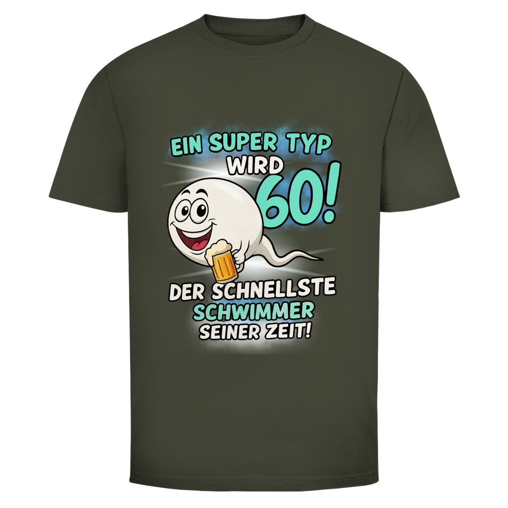 Olddie Deluxe Herren T‑Shirt "Ein super Typ wird 60 – der schnellste Schwimmer seiner Zeit" – lustiges Geburtstagsshirt
