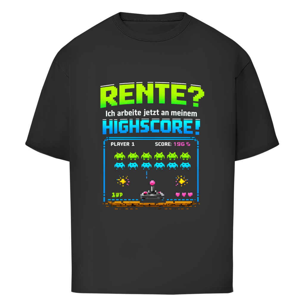 Oversize Herren T-Shirt mit Spruch "Rente? Ich arbeite jetzt an meinem Highscore!" im Retro-Gaming-Stil – für Männer ab 60