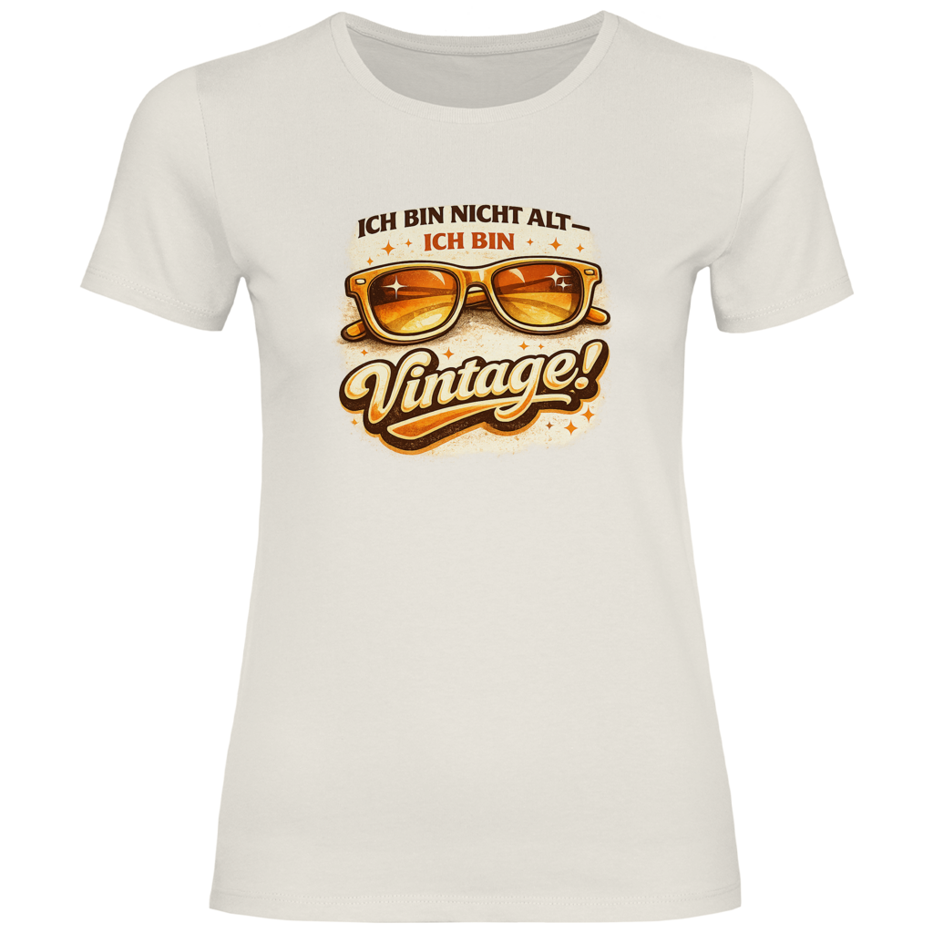 Damen T-Shirt mit Spruch "Ich bin nicht alt – ich bin Vintage!" und Retro-Sonnenbrille für Frauen ab 50
