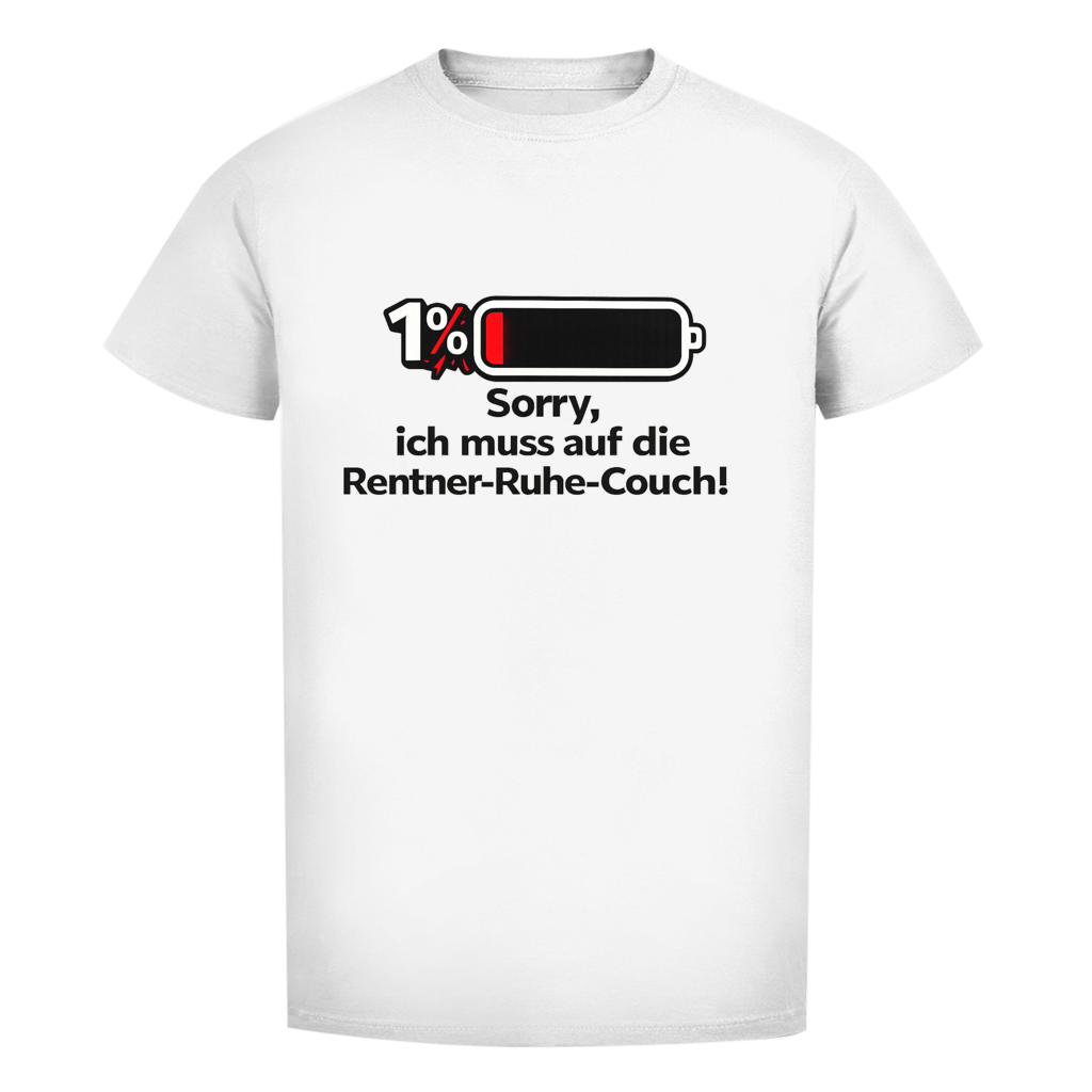 Oversize Herren T-Shirt mit Spruch "Sorry, ich muss auf die Rentner-Ruhe-Couch!" und 1 %-Akku-Motiv – für Männer ab 60 mit Humor