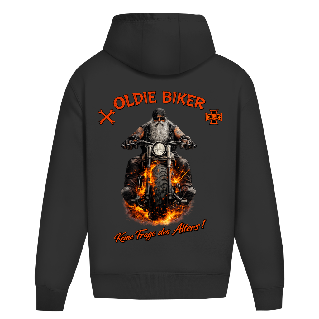 Oversize Herren Hoodie mit Spruch "OLDIE BIKER – Keine Frage des Alters!" im kraftvollen Biker‑Design für Männer ab 50