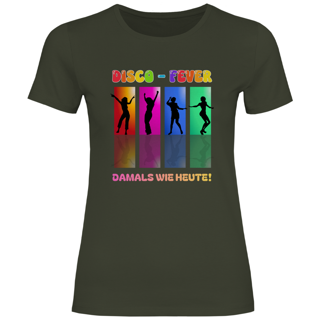 Damen T‑Shirt mit Spruch "DISCO – FEVER. Damals wie heute!" – buntes Retro‑Motiv für Frauen ab 50