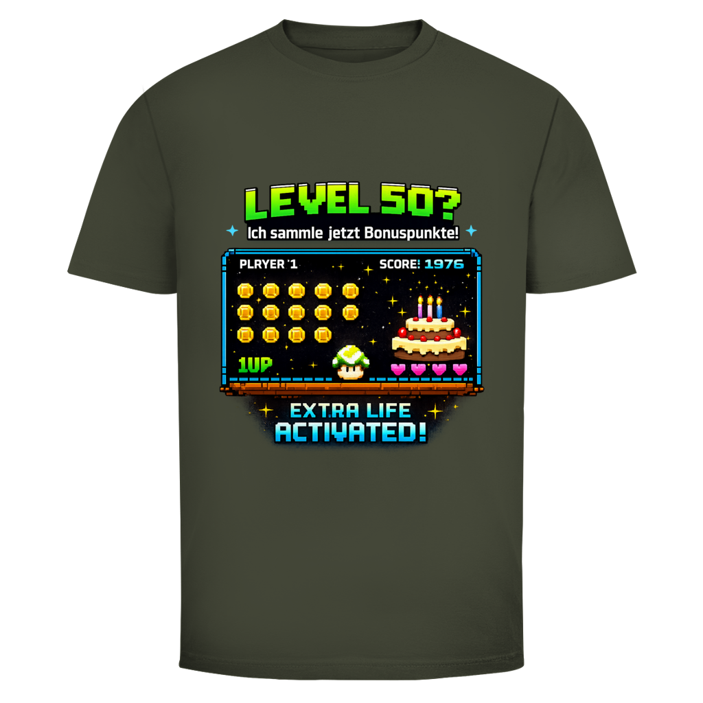 Herren T‑Shirt mit Spruch "LEVEL 50 – Ich sammle jetzt Bonuspunkte!" – Retro Gamer Motiv für Männer ab 50