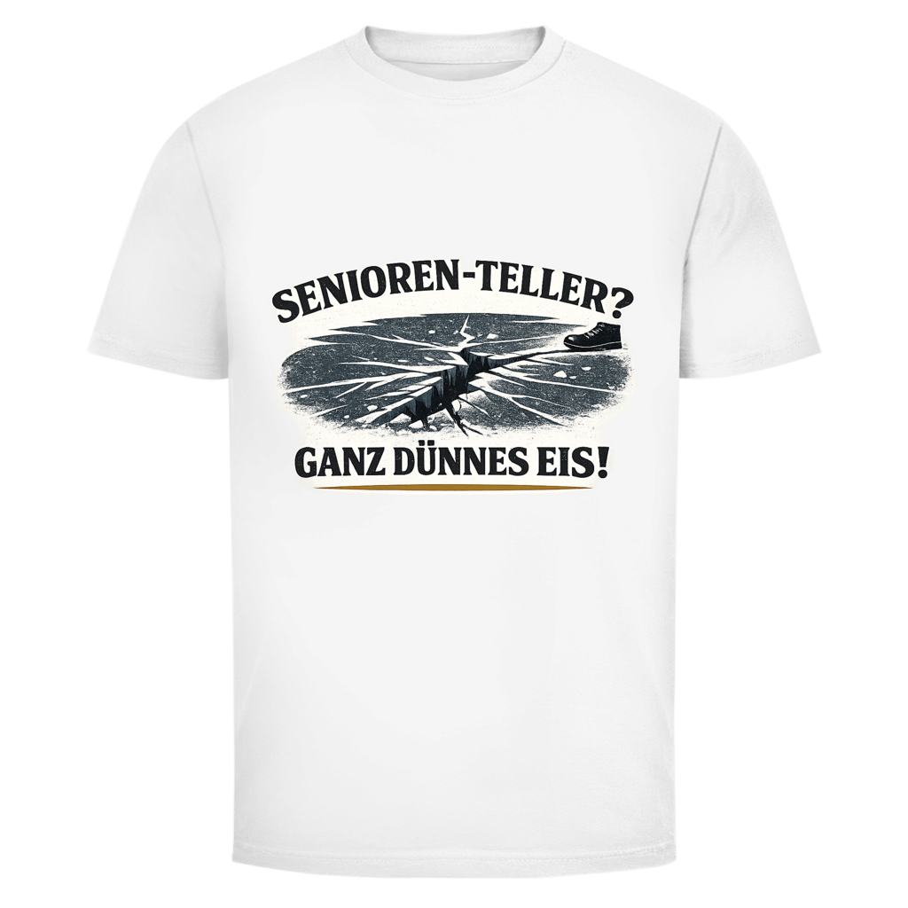 Herren T‑Shirt mit Spruch "Senioren‑Teller? Ganz dünnes Eis!" – humorvoll für Männer ab 50