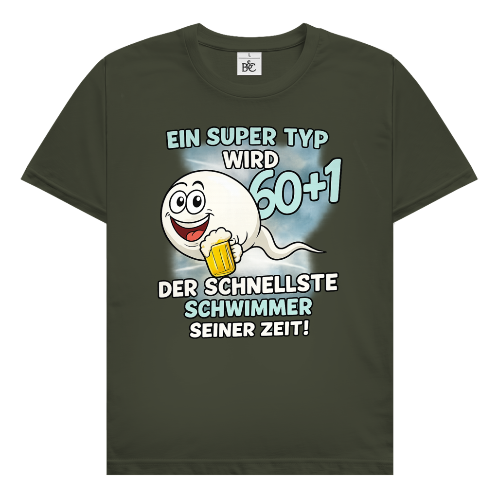 Herren T‑Shirt mit Spruch "Ein super Typ wird 60+1 – der schnellste Schwimmer seiner Zeit" – humorvoll für Männer ab 60