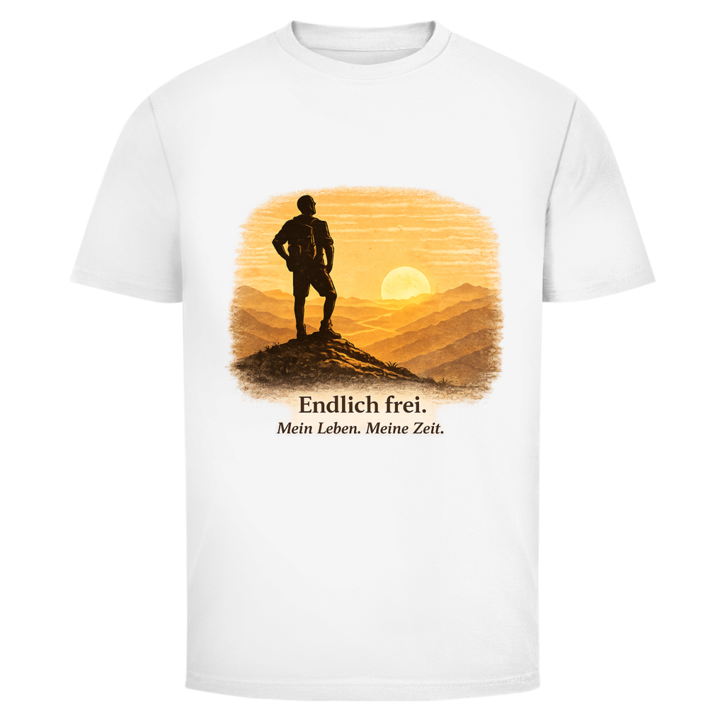 Helles Herren T‑Shirt mit Spruch "Endlich frei" – Motiv für Männer im Ruhestand