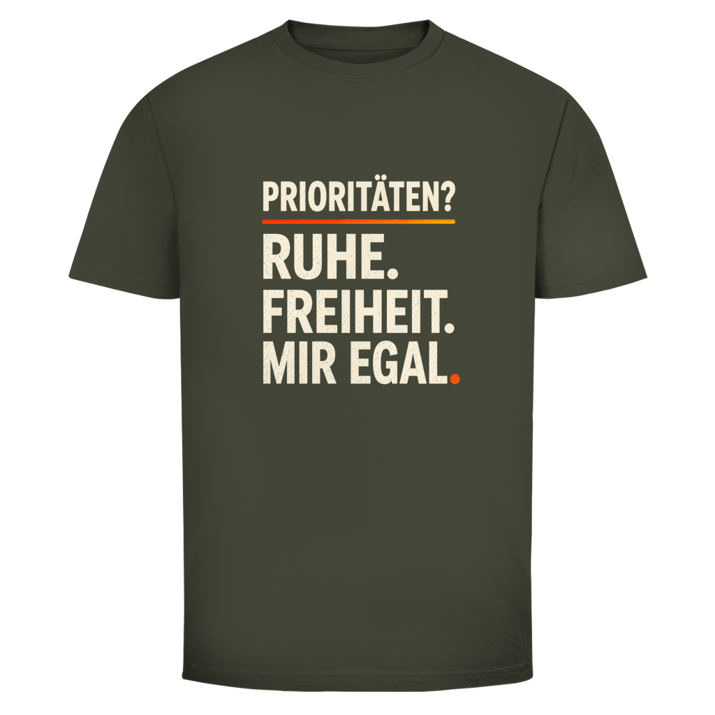 Herren T‑Shirt mit Spruch "Prioritäten? Ruhe. Freiheit. Mir egal." – Statement für Männer 55+