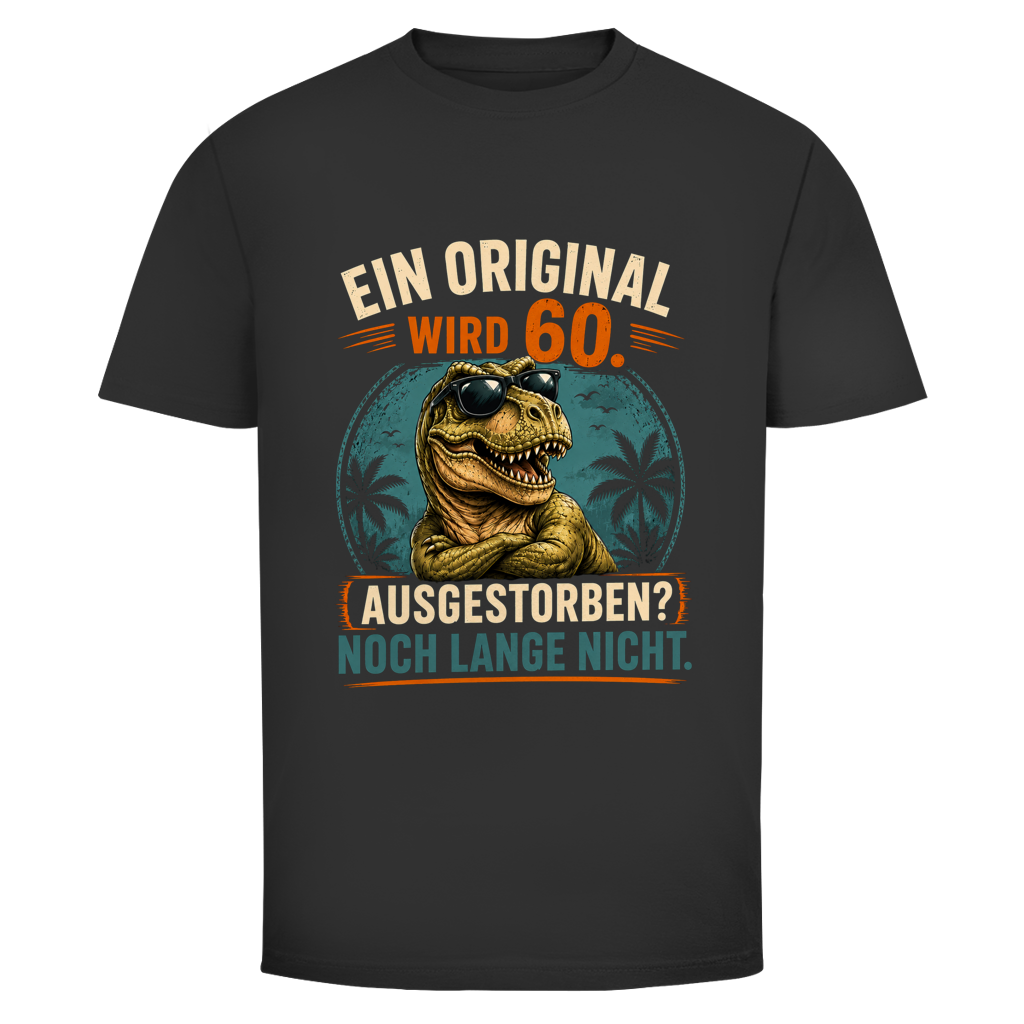 Oldie Deluxe dunkles Herren T‑Shirt "Ein Original wird 60 – Ausgestorben? Noch lange nicht" – lustiges Dino Geburtstagsshirt