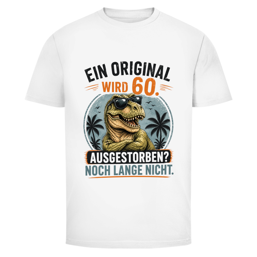 Oldie Deluxe hellesHerren T‑Shirt "Ein Original wird 60 – Ausgestorben? Noch lange nicht" – lustiges Dino Geburtstagsshirt 60