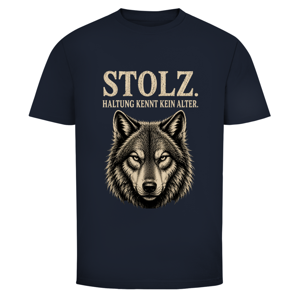 Oldie Deluxe Herren T‑Shirt "Stolz – Haltung kennt kein Alter" – Wolfmotiv für Männer 55plus