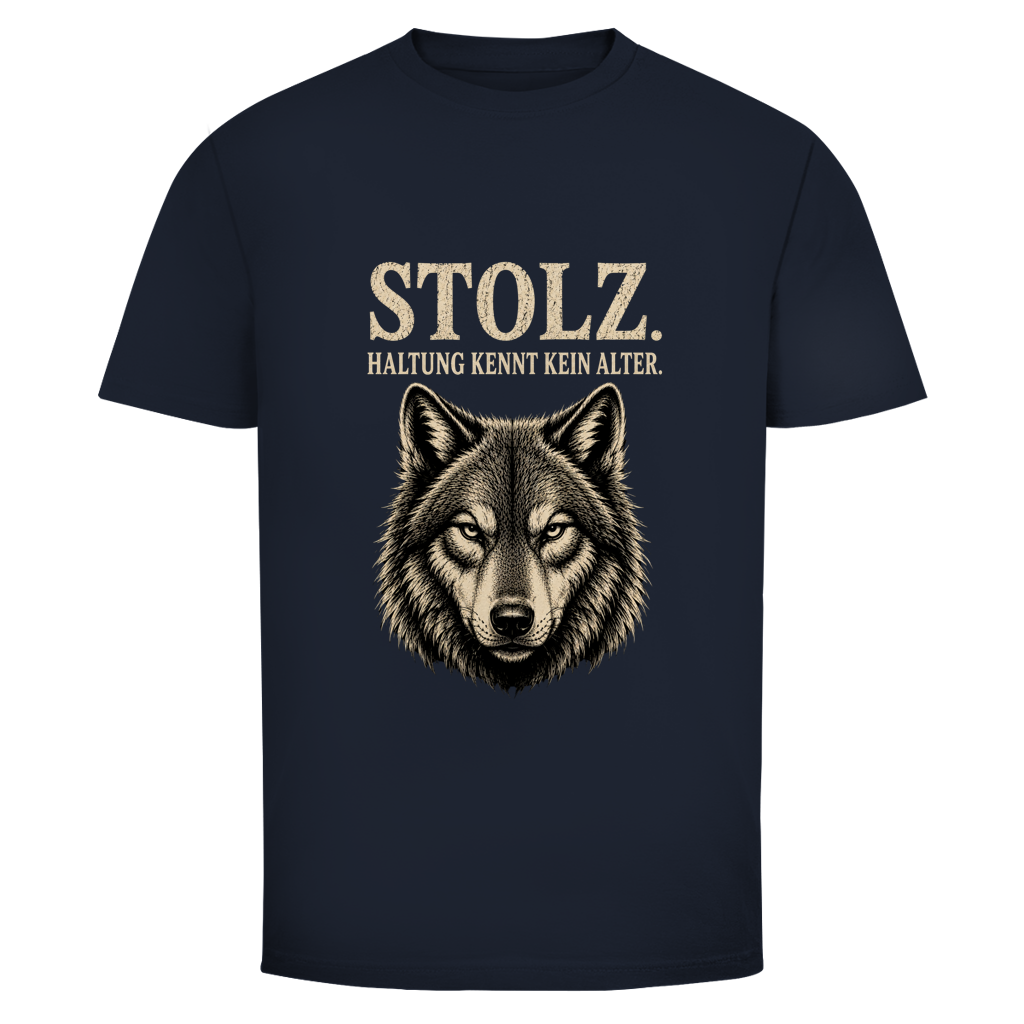 Oldie Deluxe Herren T‑Shirt "Stolz – Haltung kennt kein Alter" – Wolfmotiv für Männer 55plus