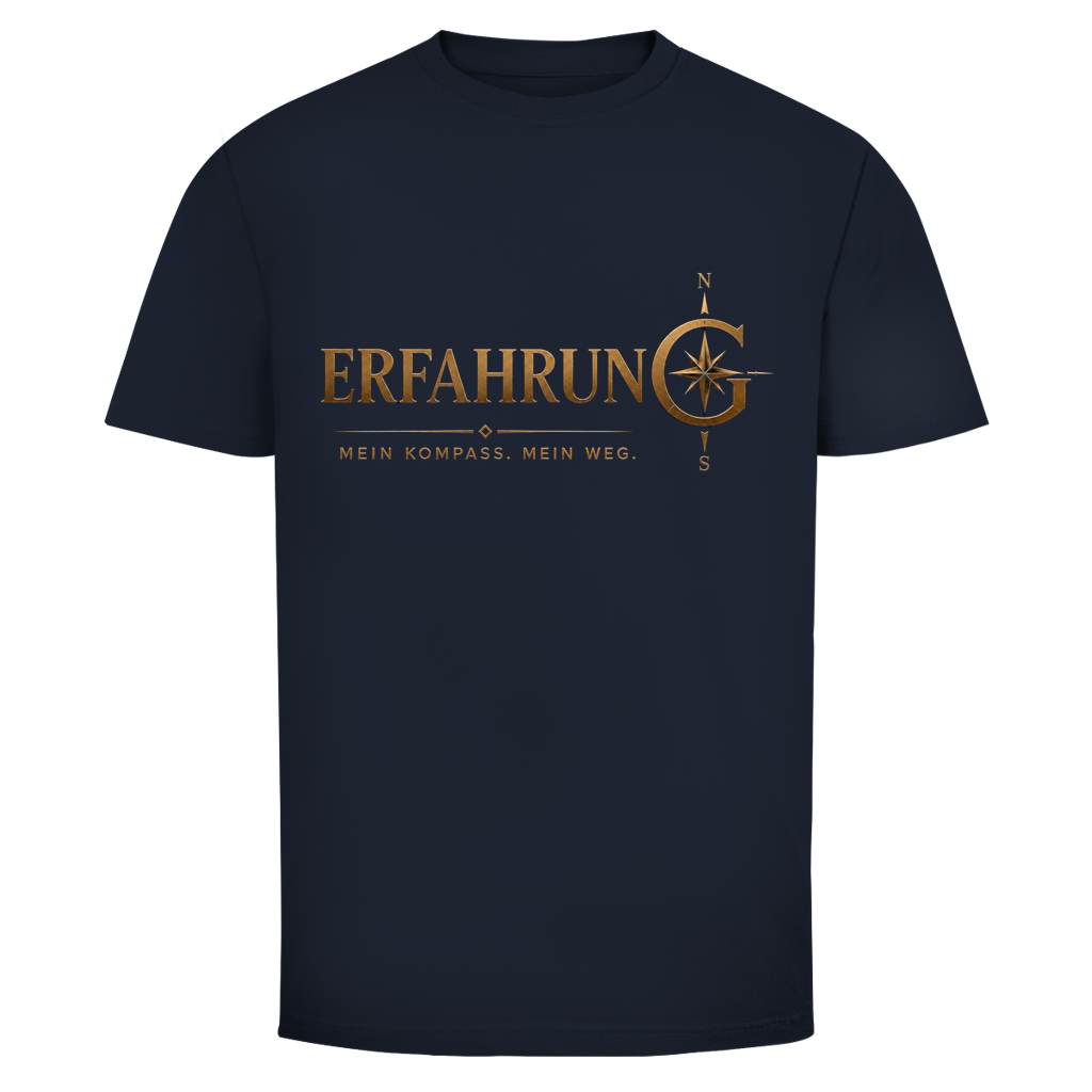 Dunkelblaues Herren-T-Shirt mit goldenem Schriftzug „ERFAHRUNG. Mein Kompass. Mein Weg.“ und Kompass-Motiv – Statement-Shirt für Männer ab 55 von Oldie Deluxe