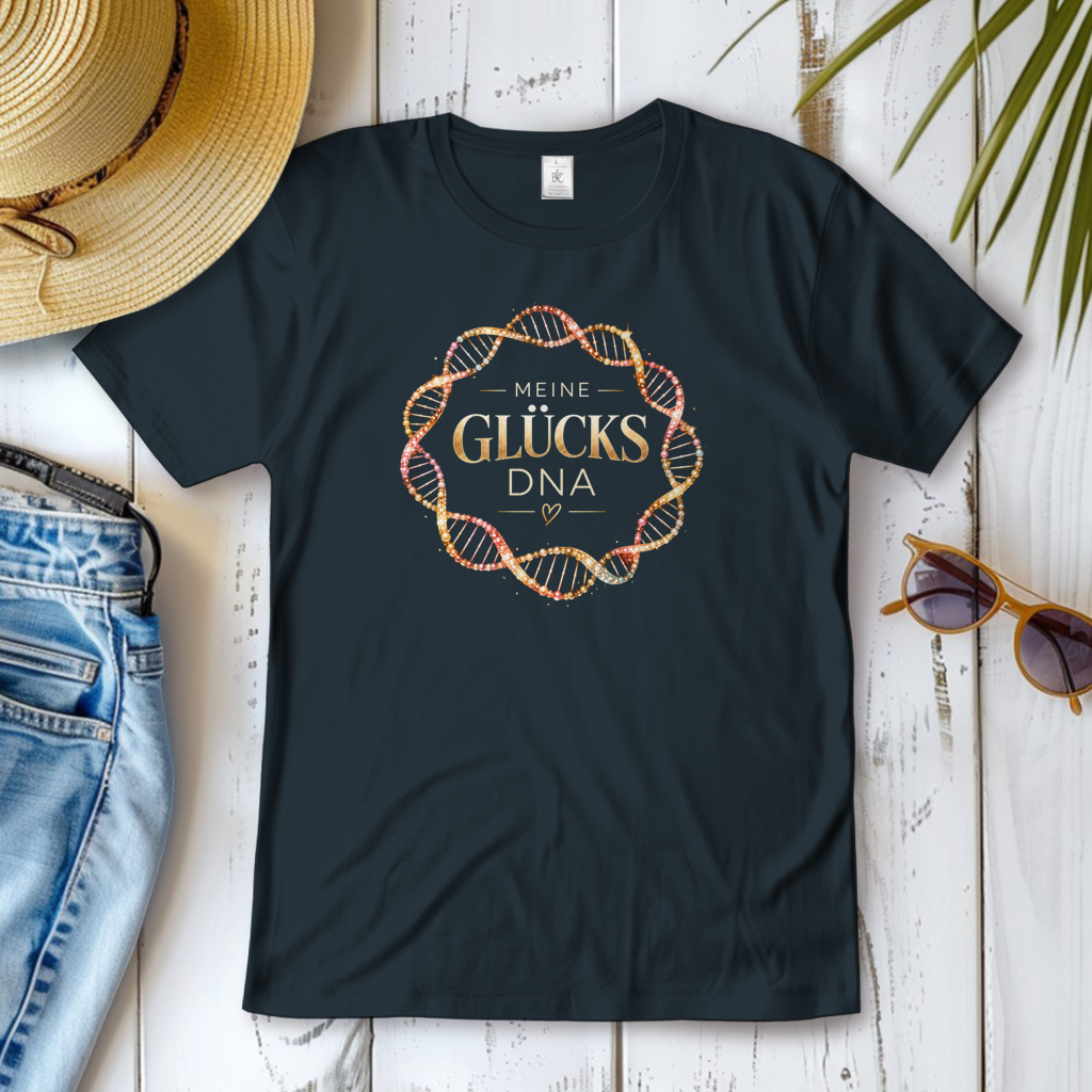 Damen T-Shirt „Meine Glücks DNA“ mit funkelndem DNA-Motiv in Gold und Rosé von Oldie Deluxe