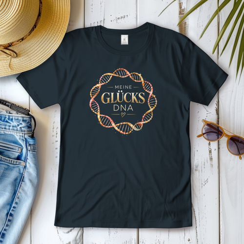 Damen T-Shirt „Meine Glücks DNA“ mit funkelndem DNA-Motiv in Gold und Rosé von Oldie Deluxe