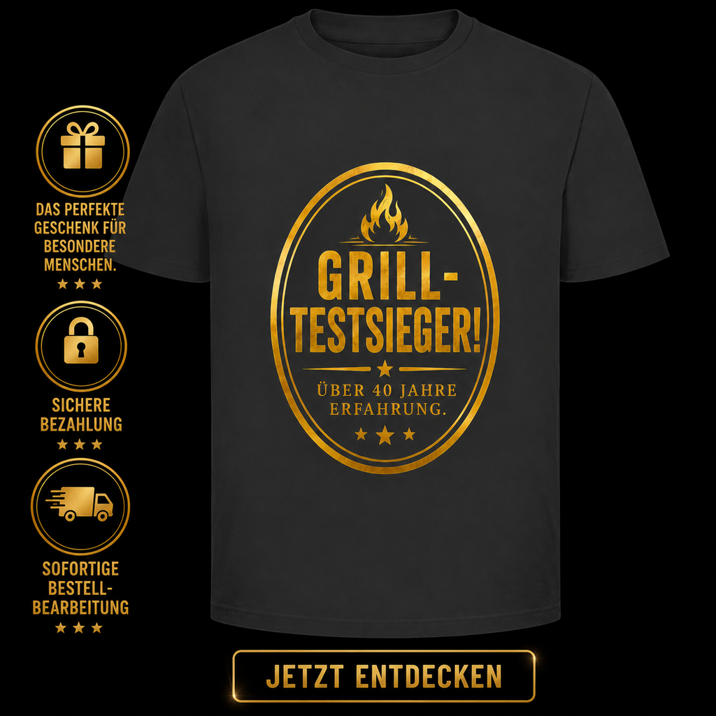 Oldie Deluxe Herren T‑Shirt "Grill‑Testsieger – Über 40 Jahre Erfahrung" – Emblem für erfahrene Grillmeister